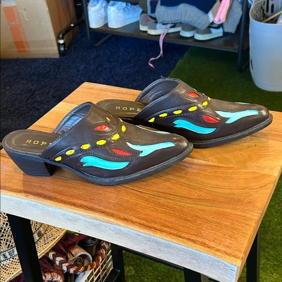 Roper Brown Mules with Vibrant Accents - Picture 2 of 7